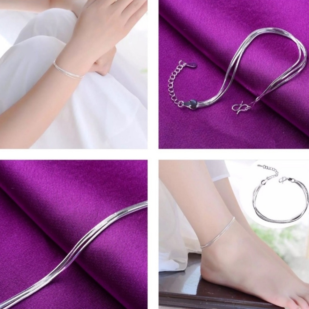 Silver Bracelet or Anklet Layered Snake Chain Ankle Brace